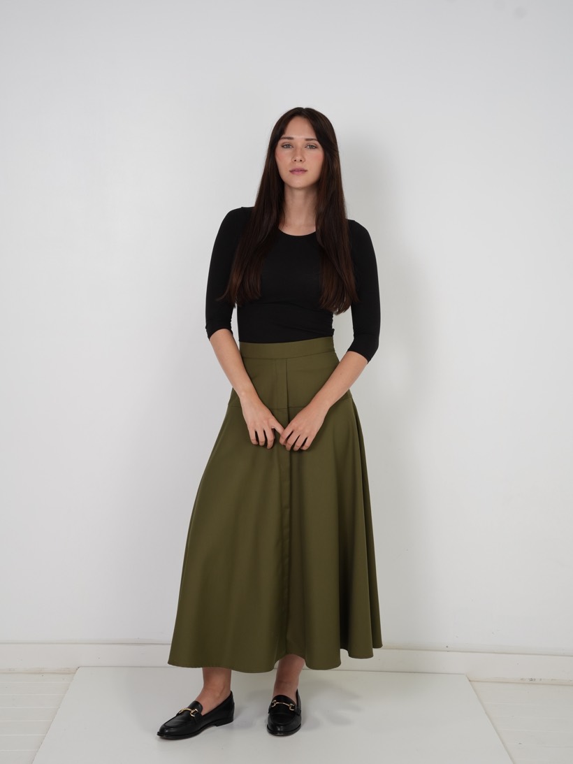 Olive maxi worn with loafers
