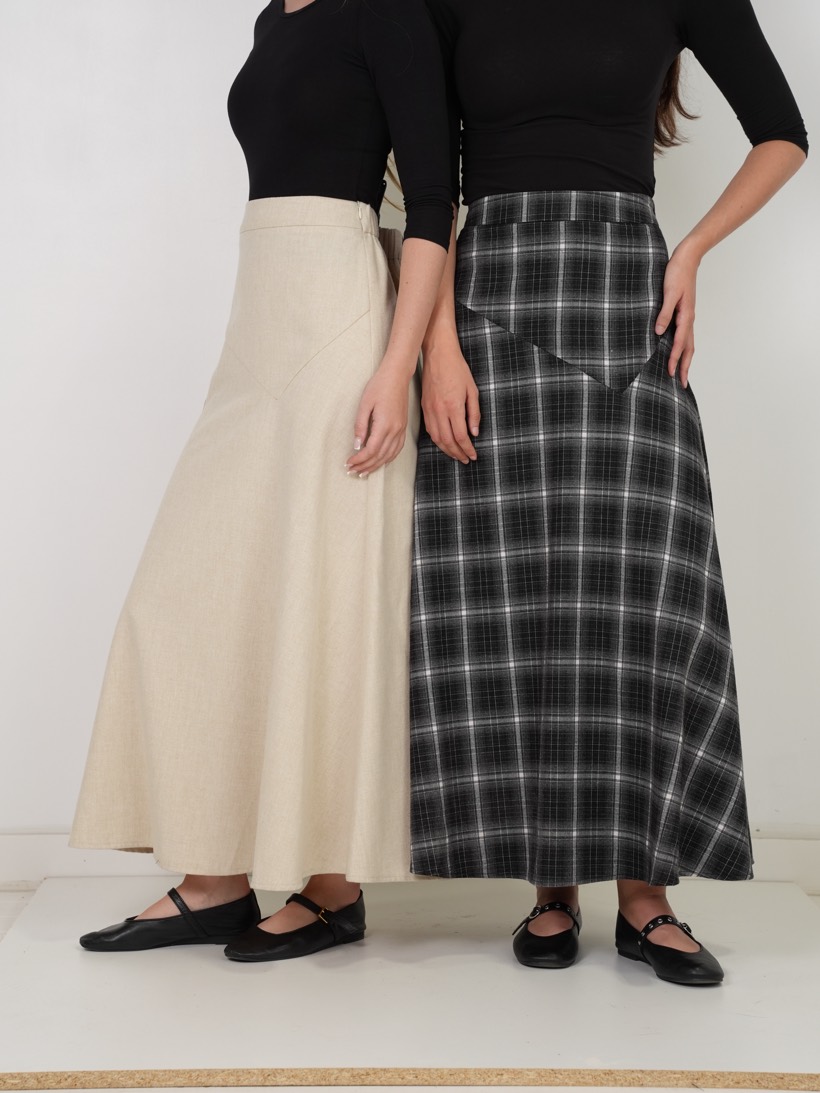 Ivory and shadow-plaid maxis side by side